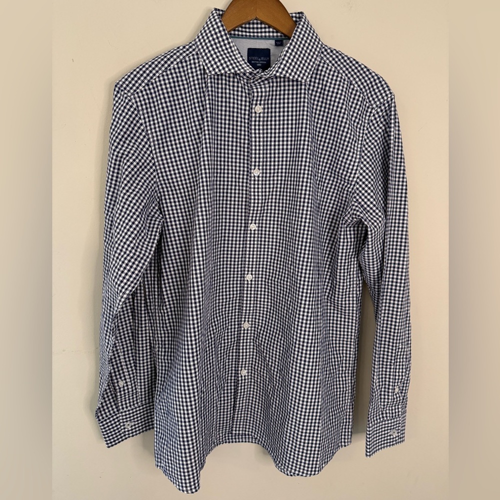 Steel & Jelly preppy classic blue & white plaid button up shirt casual SZ 16 1/2